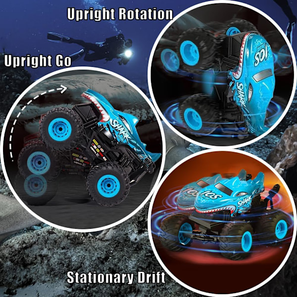 Kauko-ohjattava auto, 2,4 GHz:n kauko-ohjattava monster truck, RC-autot 2 akkua 60 minuuttia+, RC-temppuauton lelut valolla ja äänellä, sisä- ja ulkokäyttöön lapsille ja aikuisille Blue