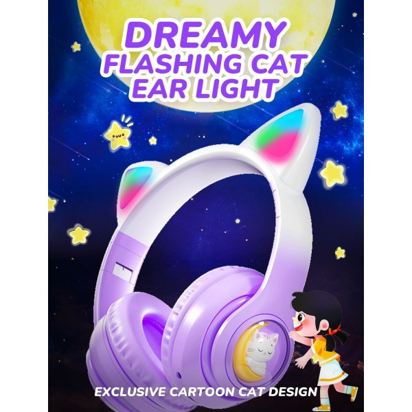 Kattöron Bluetooth-hörlurar, trådlösa barn hörlurar med mikrofon, hopfällbara LED-ljus upp över örat hörlurar volymbegränsade 85dB flickor hörlurar