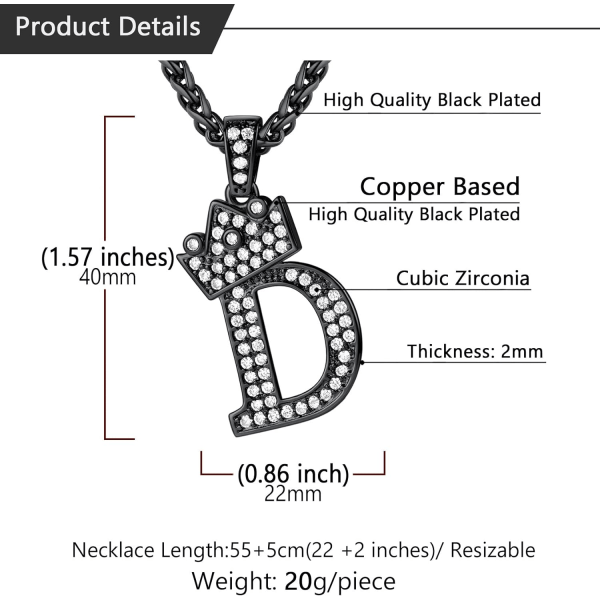 Krone Initial A-Z Halskjede, Iced Out Bokstavanheng med 22-24 Tommers Kjede, Menn Kvinner Bling Hip Hop Alfabet Navn Smykker Gave Store Initialer Halskjeder D Black