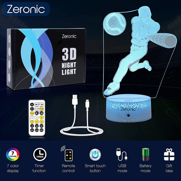 Baseballgaver, Baseballspiller nattlys, Baseballlampe med 7 dimmbare farger + berørings-/fjernkontroll + timer, Baseballdekor soverom