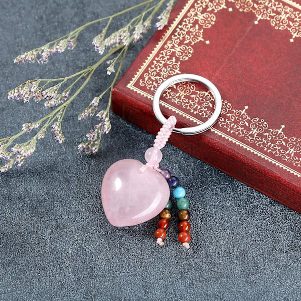Luonnonkristalli sydän jalokivi avaimenperä 7 Chakra parantava kivi avaimenperä viehätys naisille Rose Quartz