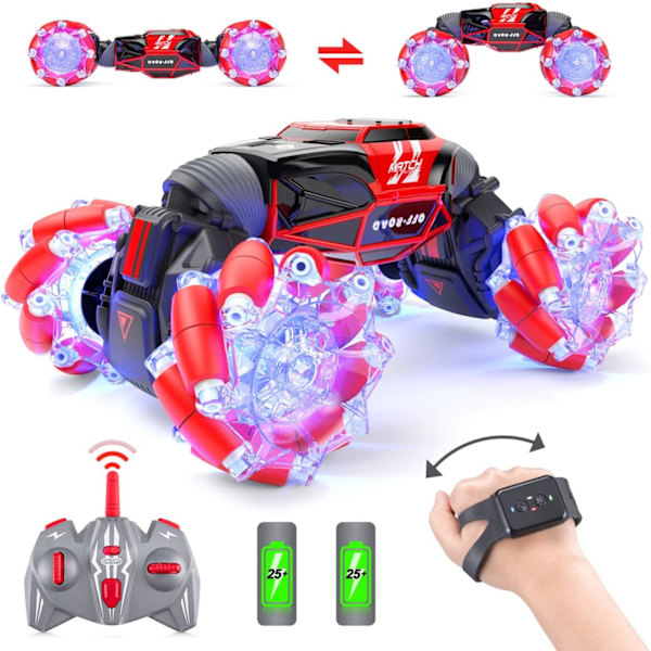 LED-fjärrkontrollbil, 4WD 2,4 GHz geststyrning Rc Stuntbil, dubbelsidig 360° roterande transformer terrängbil med ljus, leksaksbilar för pojkar och flickor Red