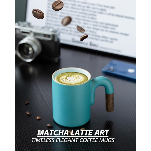 Vintage Kaffekrus - 414 ml Latte Kop med Træhåndtag til Cappuccino Latte Art Drikkevarer Elegant Keramisk Te- og Kaffekrus Sød Idé Blue
