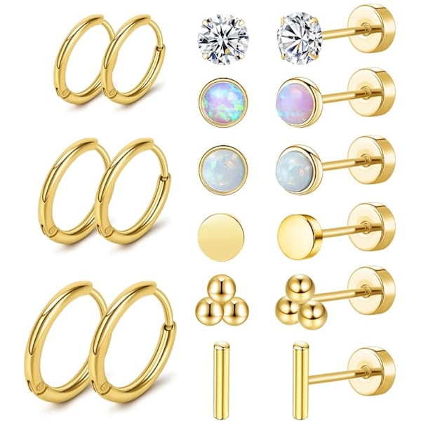 Kirurgiskt stål örhängen för kvinnor män 20 Gauge Hoop Stud Örhängen Set för flera piercingar CZ Boll Nap Örhängen Platt Baksida Hypoallergena Golden