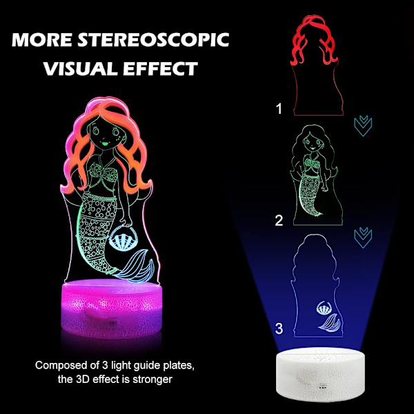 Liten Havfrue 3D Nattelys, Dynamiske RGB Farger Skiftende 3D Illusionslampe med Smart Berøring og Fjernkontroll