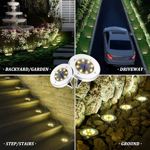 Solcelledrevne jordlys, 8 LED solcelledrevne disklys udendørs vandtætte landskabsplejelys til havegård dæk gangbro terrasse sti (8, varm W Warm White8