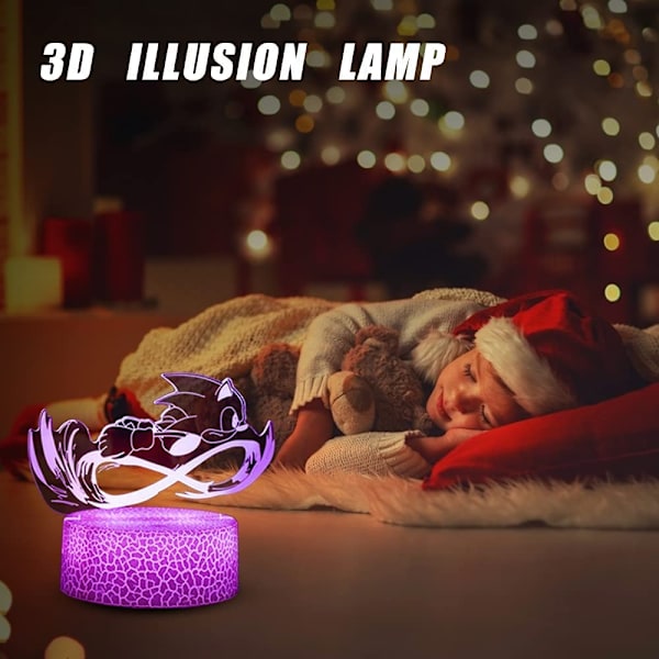 3D Sonic Anime Nattlampe - LED Illusionslampe med 3 Mønstre og 16 Fargeendringer Dekor Bordlampe med Fjernkontroll