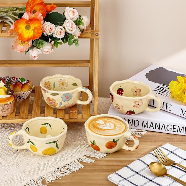 Keramisk Kaffekopp, Søt Blomsterfruktkopp, Par Krus 250 ml for Latte Te Melk, Passer for Mor på Morsdagen Cream Yellow