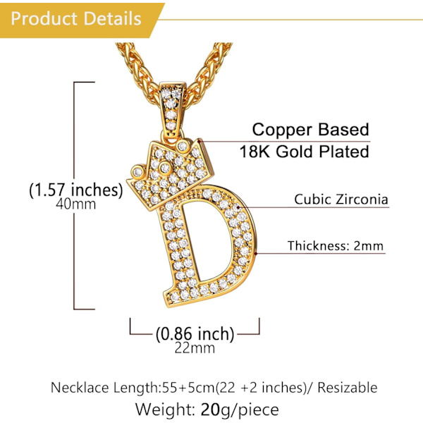 Krone Initial A-Z Halskæde, Iced Out Bogstav Vedhæng med 22-24 Tommer Kæde, Mænd Kvinder Bling Hip Hop Alfabet Navn Smykker Gave Store Initialer Halskæder D 18K Gold