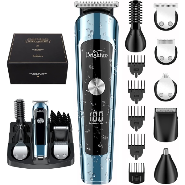 Skjeggtrimmer, pleiesett for menn med hårklippere, elektrisk barberhøvel, barbermaskiner for bart, kropp, ansikt, øre, nesehårtrimmer, USB-oppladbar og LED Blue