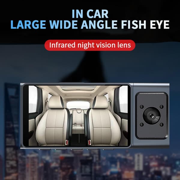 Dash Cam - Front og bagud indvendig 1080P Dash Camera til biler, 3-kanals Dashcam trevejs bilkamera med infrarød nattesyn, loop-optagelse, APP C