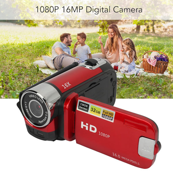 D90 1080P 16MP Digitalkamera 2,4 tommer roterbar skærm videokamera 16x zoom HD videooptager med fyldlys Red