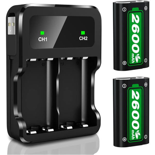 Oppladbar batteripakke for Xbox Series X|S/Xbox One, 2x2600mAh batterier med høyhastighets ladestasjon for Xbox One S/Xbox One X/Xbox One Elite