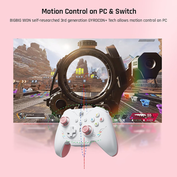 Trådløs Controller, BIGBIG WON Rainbow 2 SE, Hall Effect Trigger, 12-bit ADC, 3 Sæt Joysticks, 4-vejs & 8-vejs D-pad Controller til Switch/PC/Android/iOS Pink