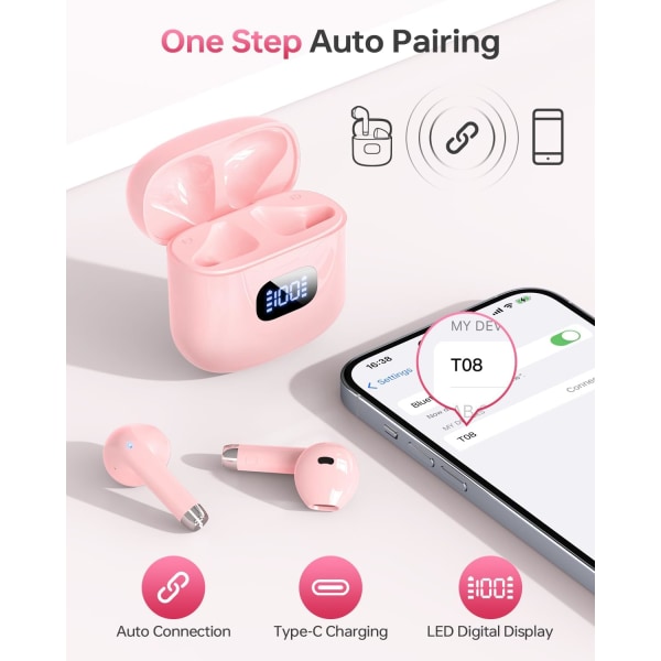 Trådløse ørepropper, Bluetooth 5.3 hodetelefoner 40 timer spilletid med ladeetui, IPX5 vanntett stereo in-ear-hodetelefoner med mikrofon for iOS Android C-Pink