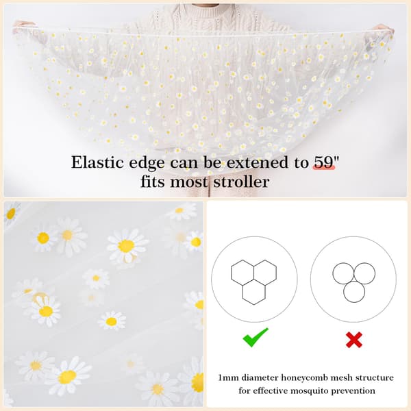 Hvidt trykt myggenet til klapvogn i polyester med tusindfryd- og stjerneprint. Elastisk åndbart insektnet passer til klapvogne, vugger, biler