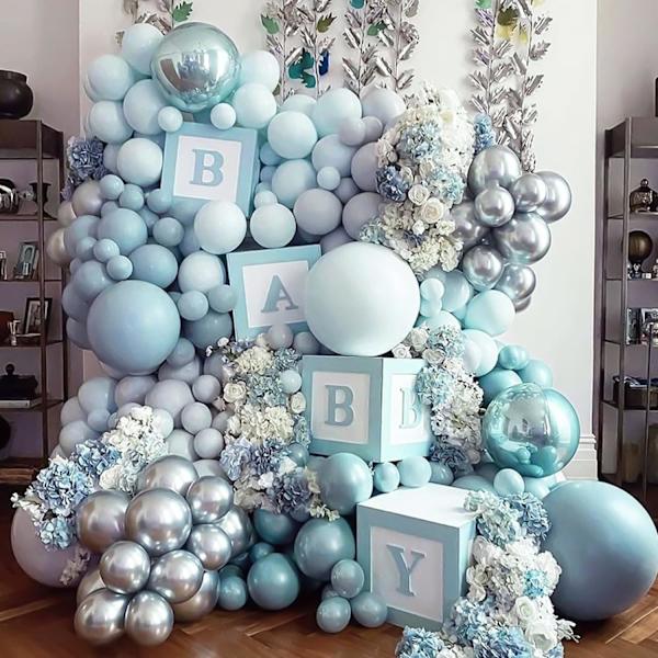 129 stk. støvede blå balloner i forskellige størrelser 18 12 10 5 tommer latex haze blå ballonbue til festdekoration fødselsdag bryllup forlovelser Ann Haze Blue