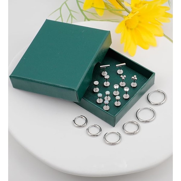 Kirurgiskt stål örhängen för kvinnor män 20 Gauge Hoop Stud Örhängen Set för flera piercingar CZ Boll Nap Örhängen Platt Baksida Hypoallergen Silvery