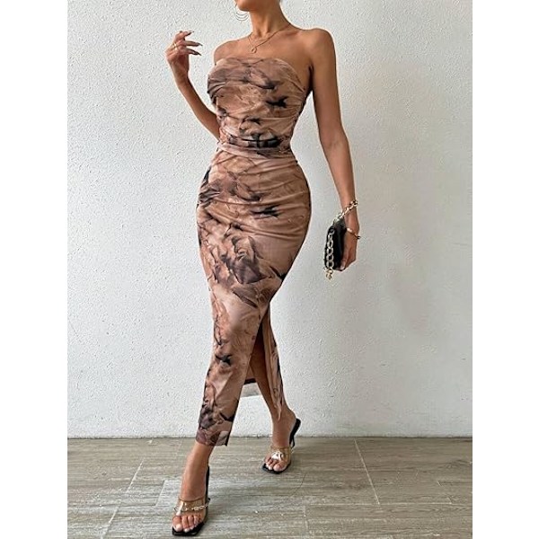 Sommerkjole til kvinder med print, stropløs tube top kjole, bodycon maxikjole med sideslids og lag af mesh L