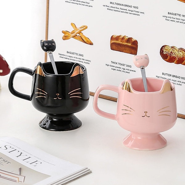 Sød Kattekrus til Katteelskere - Keramisk Kaffekrus med Ske, Perfekt til Katteglade Piger og Valentinsdags Krus Gaver Pink