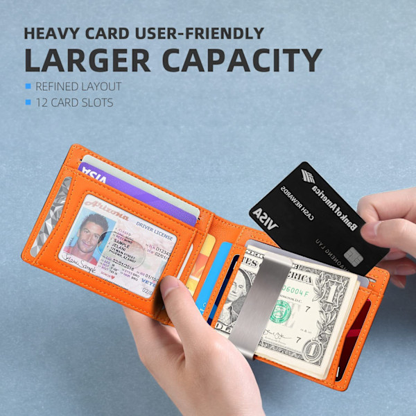 Pengepung til Mænd - med Pengeclips Slank Læder Slots Kreditkort Holder RFID Blokering Bifold Minimalistiske Punge, Overraskelsesgaver til Mænd Orange