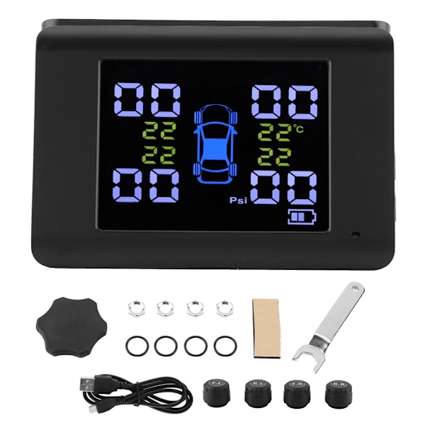 Solcellsdriven TPMS 2.4 tum Bil Däcktrycksövervakningssystem med 4 Externa Sensorer ADAS Alarm
