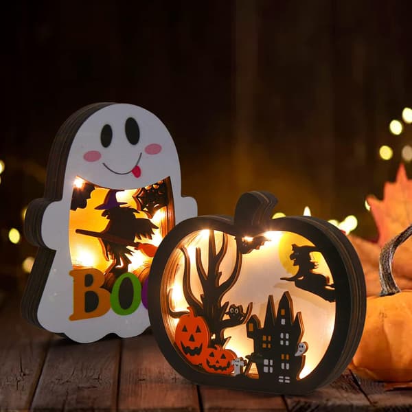 2 st träbelysta pumpaspöklampor – Halloween bordsdekorationer med skuggbox