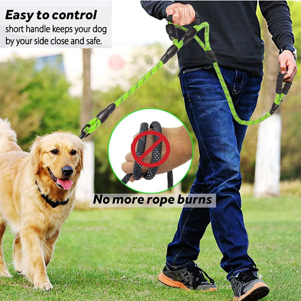 Hundehalsbånd, 5 FT Heavy Duty Dobbelthåndtak Hundeleie med Komfortabel Polstret og Reflekterende, Tau Hundeleie for Små, Mellomstore, Store Hunder (Tau-Grønn) Green Large,Medium,Small