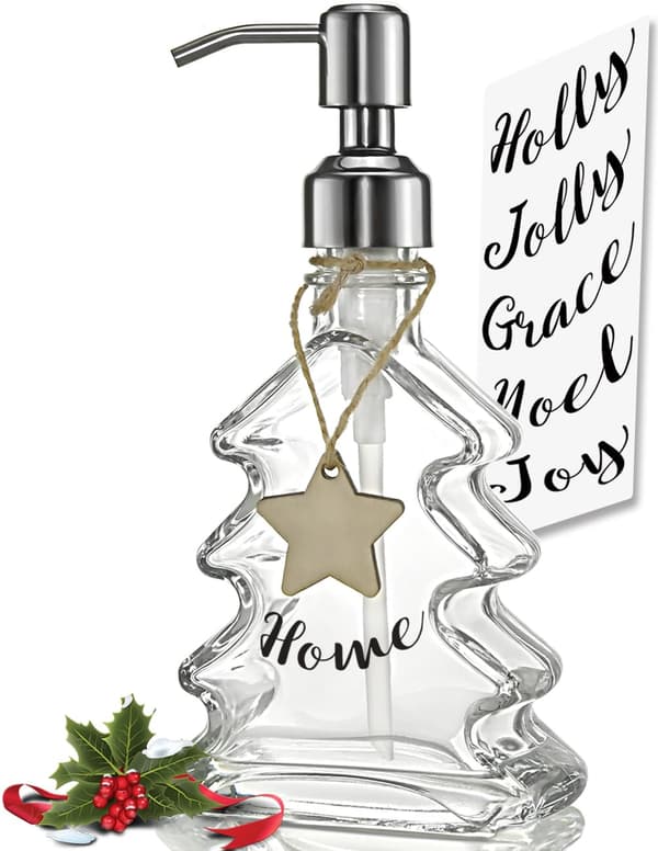 Sæbedispenser med juletræstema med holdbar pumpe i rustfrit stål, genopfyldelig julepynt til køkken, badeværelse, vask og bordplade 1-pack