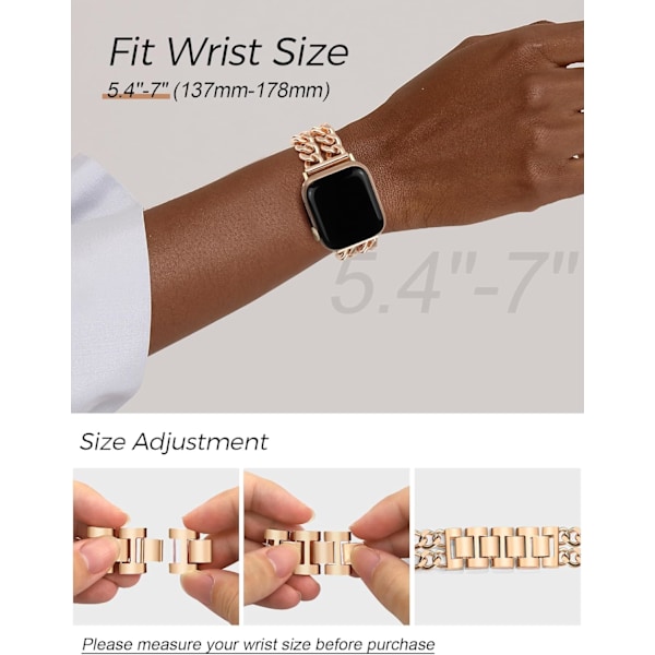 Guld Klockarmband för Kvinnor Kompatibelt med Apple Watch Armband 38mm 40mm 41mm 42mm (S10) Justerbart Metallarmband Cowboy Stålkedjearmband Rose Gold 42/44/45/49mm (S10/46mm)