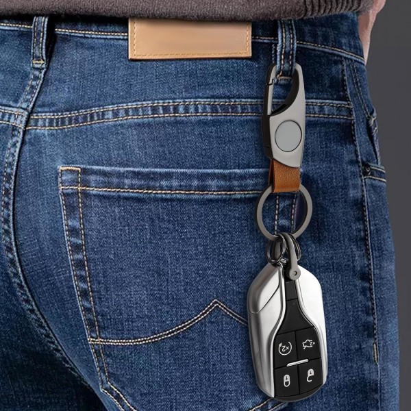 Karabinhage nøglering, nøgleringe til bilnøgle med 2 nøgleringe og anti-tabt D-ring, multifunktionelle nøgleringe til mænd og kvinder - Grå (brun læder) Grey Brown Leather