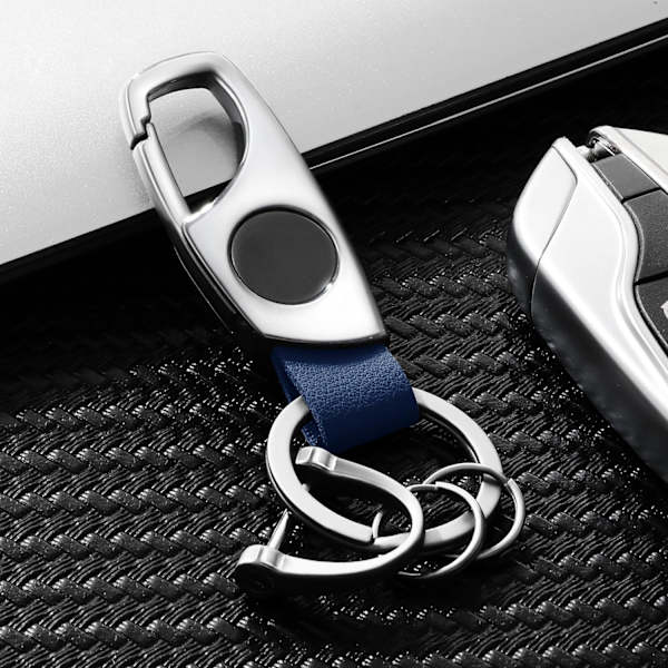 Karabinhage nøglering, nøgleringe til bilnøgle med 2 nøgleringe og anti-tabt D-ring, multifunktionelle nøgleringe til mænd og kvinder-sølv (blåt læder) Silver Blue Leather