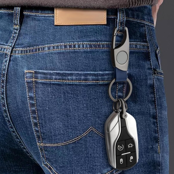 Karabinhage nøglering, nøgleringe til bilnøgle med 2 nøgleringe og anti-tabt D-ring, multifunktionelle nøgleringe til mænd og kvinder - Grå (Blå læder) Grey Blue Leather