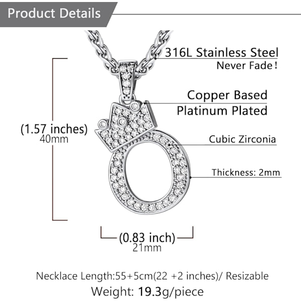 Krone Initial A-Z Halskæde, Iced Out Bogstav Vedhæng med 22-24 Tommer Kæde, Mænd Kvinder Bling Hip Hop Alfabet Navn Smykker Gave Store Initialer Halskæder O Silver