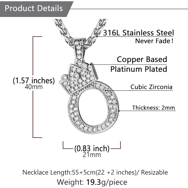 Krone Initial A-Z Halskjede, Iced Out Bokstavanheng med 22-24 Tommers Kjede, Menn Kvinner Bling Hip Hop Alfabet Navn Smykker Gave Store Initialer Halskjeder O Silver