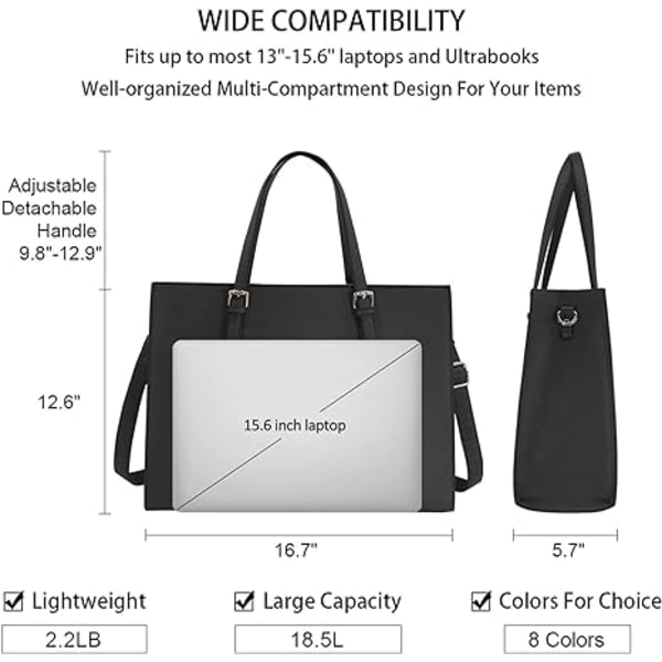 Dam Laptopväska Vattentät Lätt Läder 15,6 Tum Laptop Handväska Business Kontor Portfölj Arbetsväska Svart
