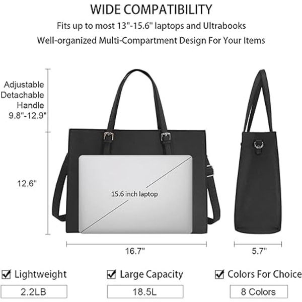Naisten kannettava laukku vedenpitävä kevyt nahkainen 15,6 tuuman kannettavan tietokoneen käsilaukku Business Office salkku Työlaukku Musta