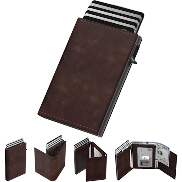 Herre pung kortholder: Pop-up aluminium etui, RFID-blokering, kulfiberlæder, smart, slank, minimalistisk, forlomme - 9-14 kortkapacitet | ID W ‏‏‎ ‎‏‏‎ ‎‎Dark Brown