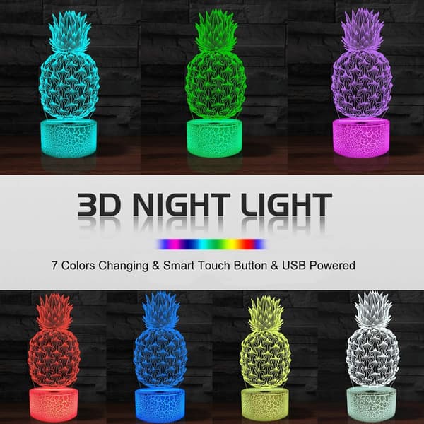 Ananas 3D Illusion Lampe LED Ananas Natlampe til Børn, 7 Farver Skiftende