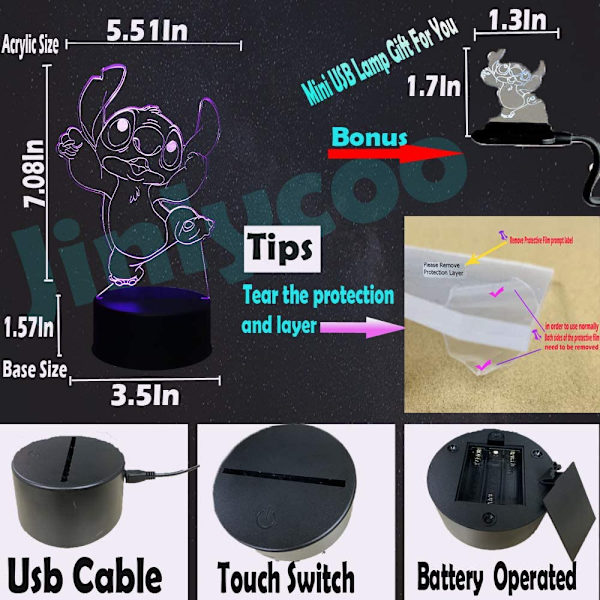Lilo og Stitch Lampe for Soverom 3D Visuell Tegneserie LED Nattelys 7 Farger USB Berøringsfjernkontroll Endre Romdekorasjon Bord Stemnings Lava Baby Sove Lys