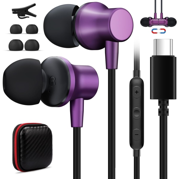 USB C-hörlurar med mikrofon-hörlurar för Galaxy S24 S23 FE S22 S21 iPhone 15, USB -typ C-hörlurar Magnetisk brusreducerande in-ear-headset för en Purple