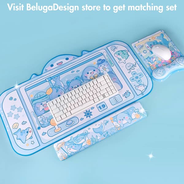 Sød Haj Musemåtte, Kawaii Anime Pastel Blå Ocean Undervands Design Musemåtte, Blød Polstret Håndledsstøtte, Skridsikker Måtte til Gaming