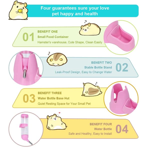 125ML Hamstervandflaske - Med Foderbeholder Basehytte, Drikkedispenser, til Dværghamstere, Rotter, Mus & Gerbiler, Pink Pink