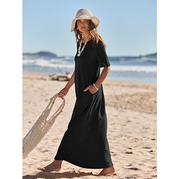 Dame 2025 Vår Sommer Casual Maxikjole Strandferie Kortermet Rund Hals Basic Lang T-skjorte Kjoler M