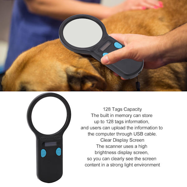 Husdjursmikrochipskanner med förstoringsglas LED-ljus Djur RFID-chipläsare för hund katt gris