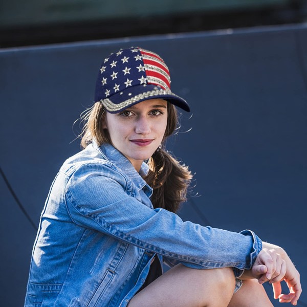 Cap för kvinnor Justerbar amerikanska flaggan hattar med Bling A
