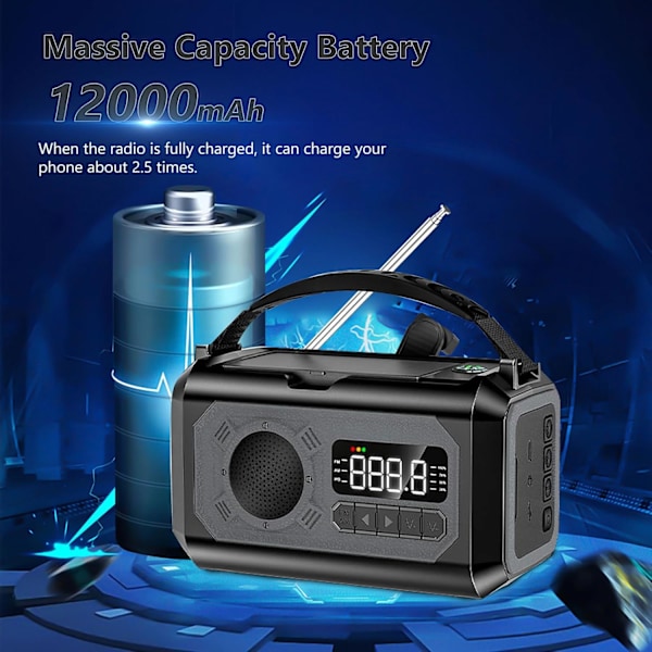 12000mAh Käsikäyttöinen Hätäradio, AM/FM/NOAA, Monitoiminen Aurinkoenergialla Toimiva Radio, 2 Aurinkopaneelia, USB-Lataus, Taskulamppu & LED-Lukuvalo, SOS-Hälytin Grey