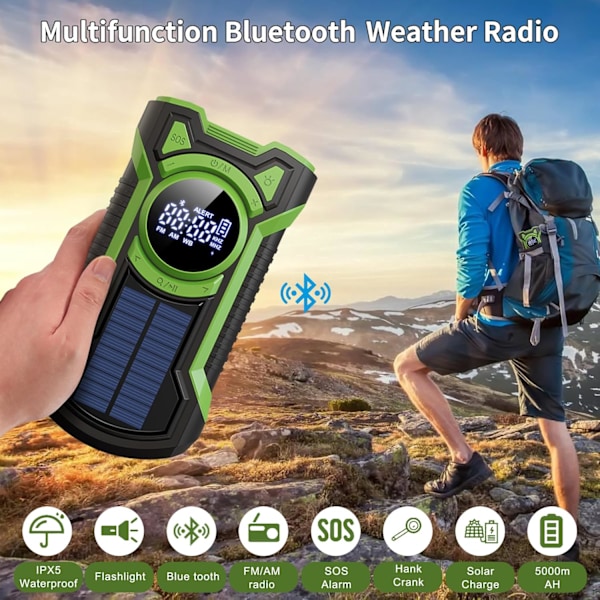 Nødvejrradio, Vandafvisende Bluetooth Bærbar AM/FM/NOAA Vejrradio, 5000mAh USB Håndsving Solradio, Telefonoplader, Lommelygte, SOS Green