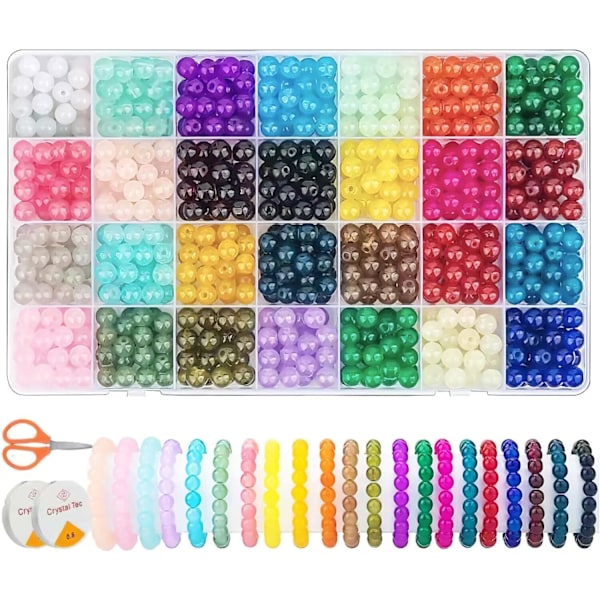 784 stk. 8 mm runde glasperler til smykkefremstilling, 28 farver krystalperler armbåndssæt, velegnet til armbånd, halskæder, øreringe og andre smykker M1