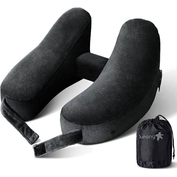 Nackkudde för resor Uppblåsbar flygplansdyna Stöder bekvämt huvud, nacke och haka, Uppblåsbar resedyna med mjuk velouröverdrag och Porta Premium Black Standard